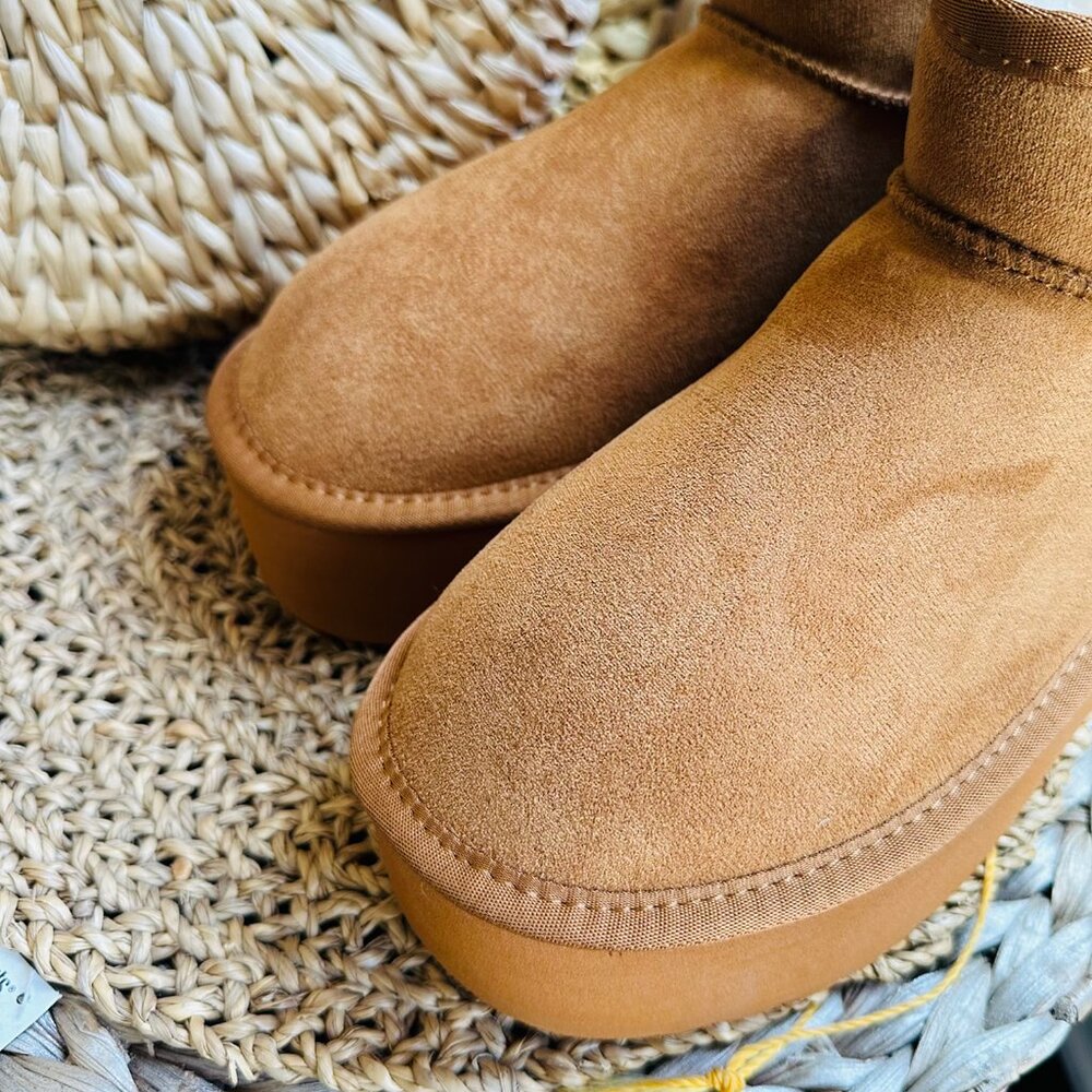 NEW🔥 Chestnut Tan Faux Fur Lined Platform Classic Ultra Mini Booties Ankle Boot - Picture 5 of 6